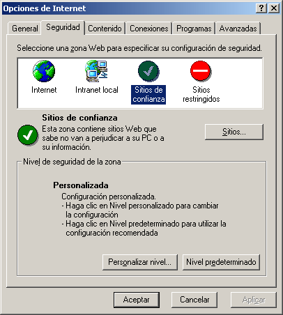Opciones de internet de MS Internet Explorer